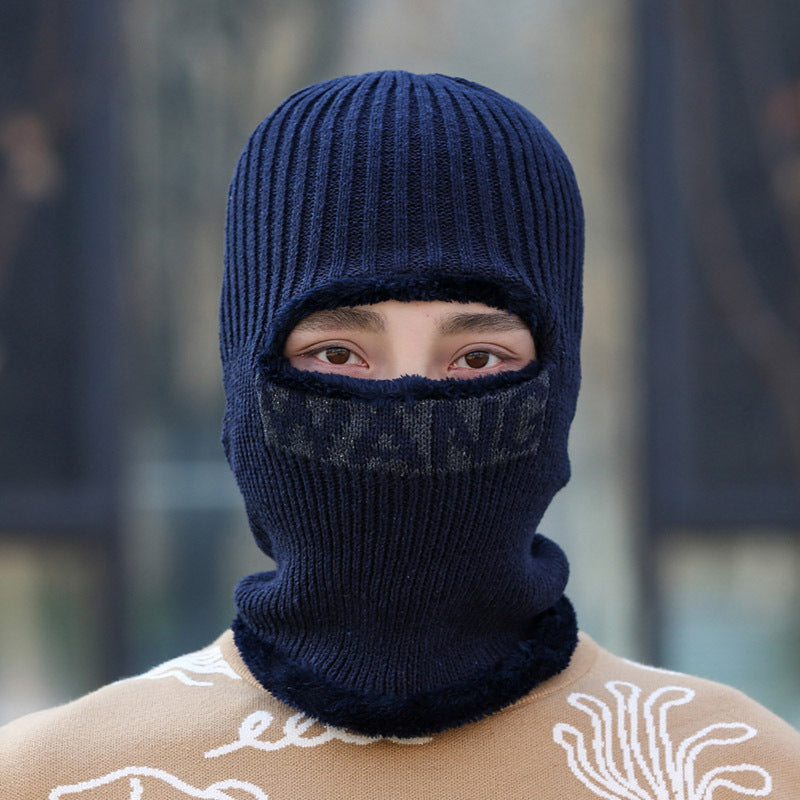 Wholesale Men' s winter warm wool f one-piece hat with velvet and thick fur,  cycling face protection and cold-proof cotton knitted hat